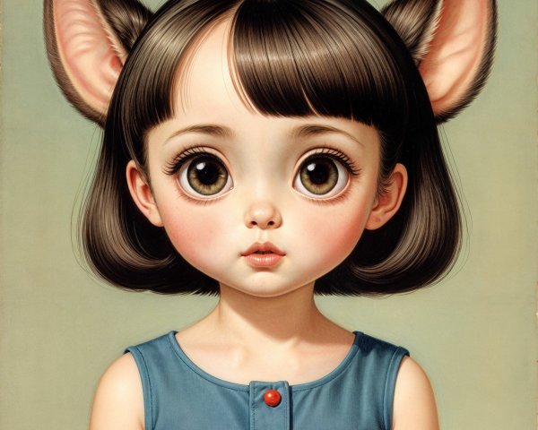 Young girl with large eyes and cat-like ears in blue dress
