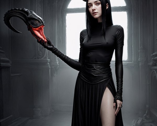 Gothic Figure in Black Outfit with Dragon Mask