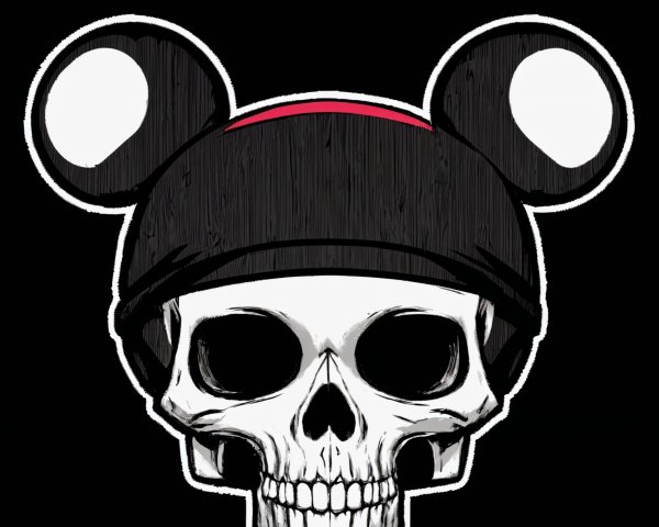 Stylized Skull with Mouse Ears on Black Background