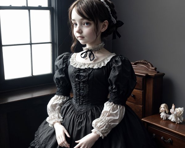 Young girl in black Victorian gown in dimly lit room