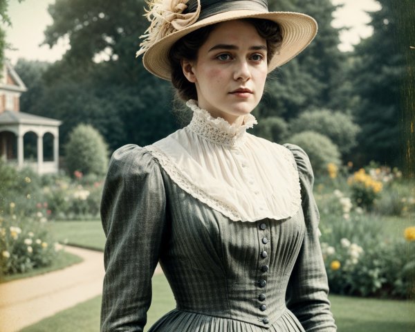 Young Woman in Vintage Dress in Garden Setting