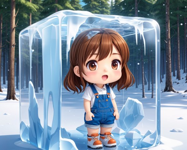 Cartoon Girl in Ice Cube Surrounded by Snowy Forest