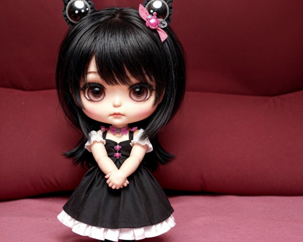 Charming Doll with Cat-Ear Headband on Pink Surface
