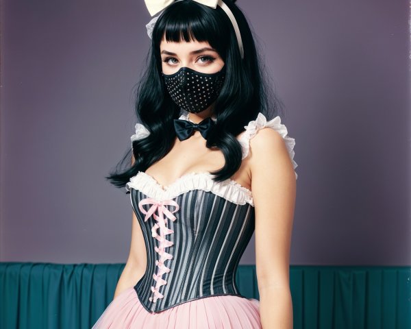 Vintage-inspired outfit with pastel skirt and mask