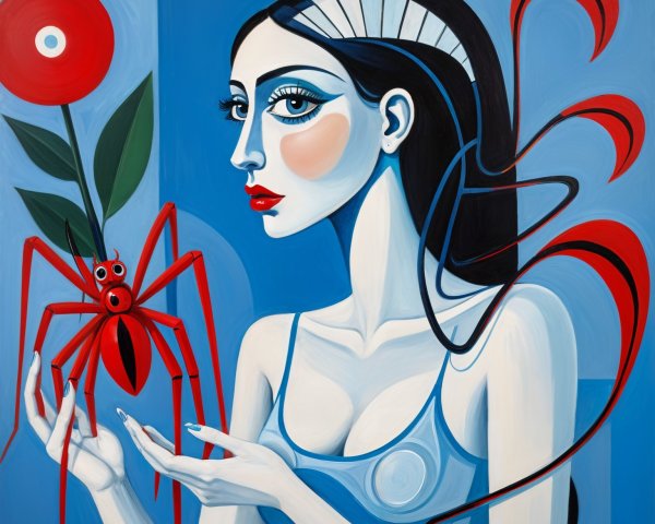 Stylized Woman with Headdress and Red Spider on Blue