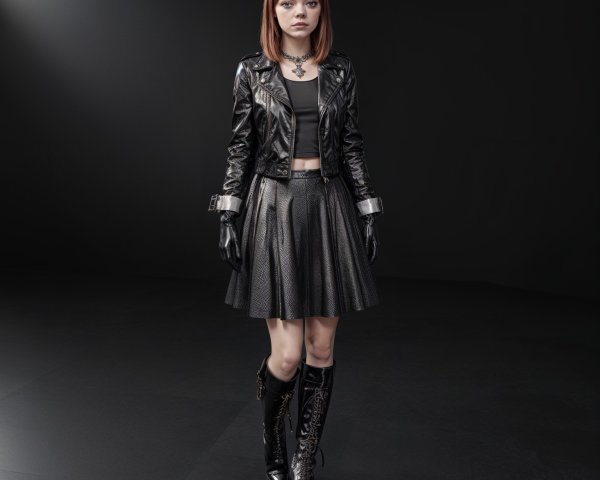 Woman in Black Leather Outfit Against Dark Background