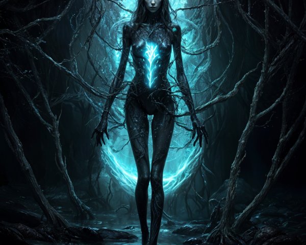 Mystical figure in dark branches with glowing aura