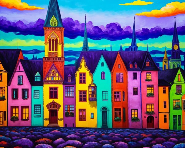 Colorful Townscape with Unique Houses and Tower