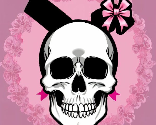 Stylized skull design with bow and floral background