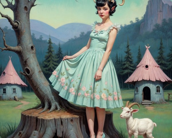 Young woman with horns beside tree in whimsical setting