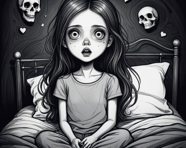 Girl with expressive eyes in a dark, moody room