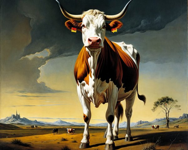 Surreal Cow in Barren Landscape with Dramatic Sky