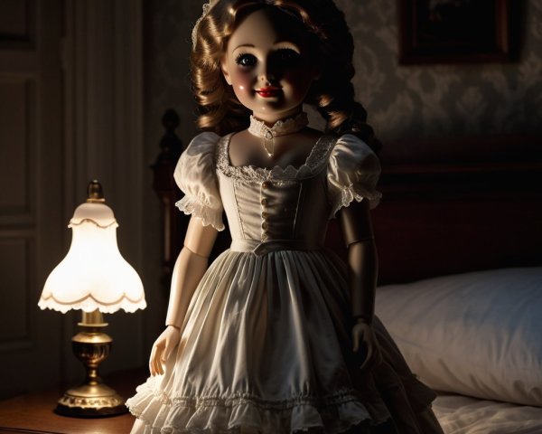 Vintage Porcelain Doll in Softly Lit Bedroom Setting