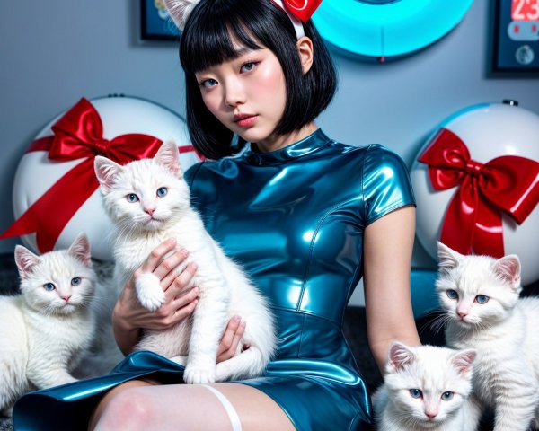 Futuristic Scene with Woman, Kittens, and Neon Decor