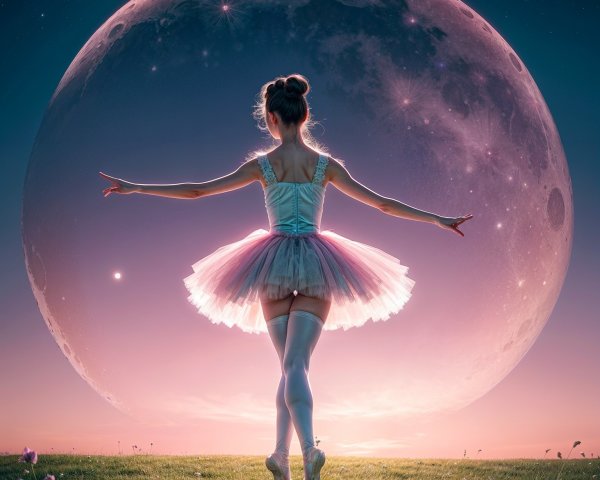 Ballerina in Pastel Tutu Under Full Moon and Stars