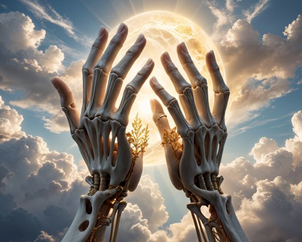 Skeletal Hands Reaching for a Radiant Sun and Clouds