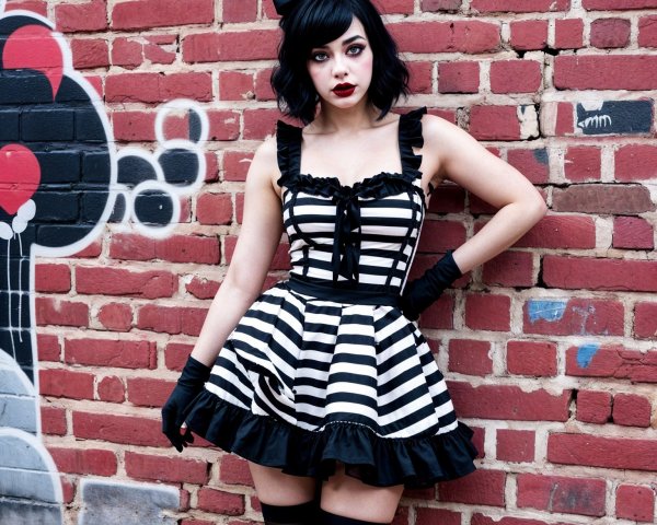 Young woman in striped dress by graffiti wall