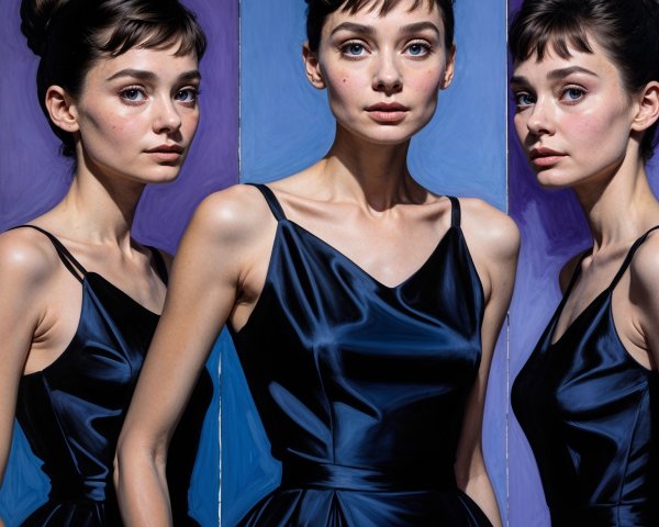 Portrait of a model in a deep blue satin dress