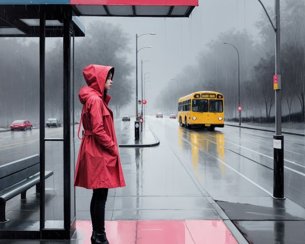Woman in Red Raincoat at Rainy Bus Stop Scene