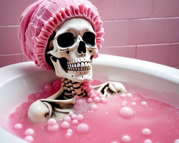 Skeleton in Bathtub with Pink Bubble Bath and Cap