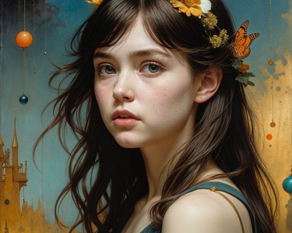Young woman with flowers in hair in dreamlike scene