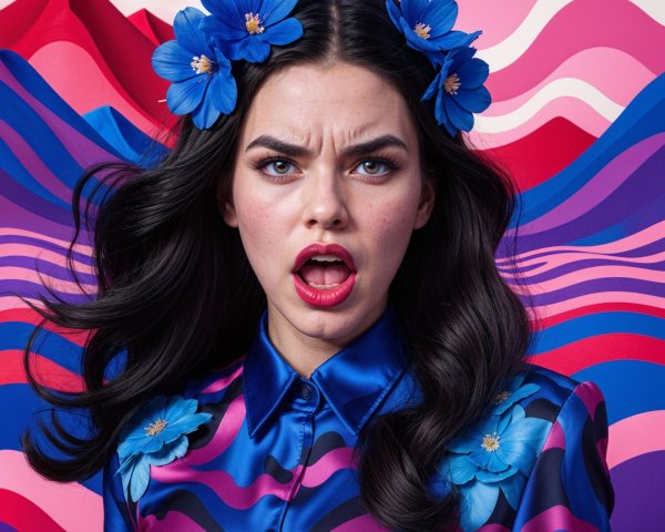 Portrait of a woman with dark hair and blue flowers