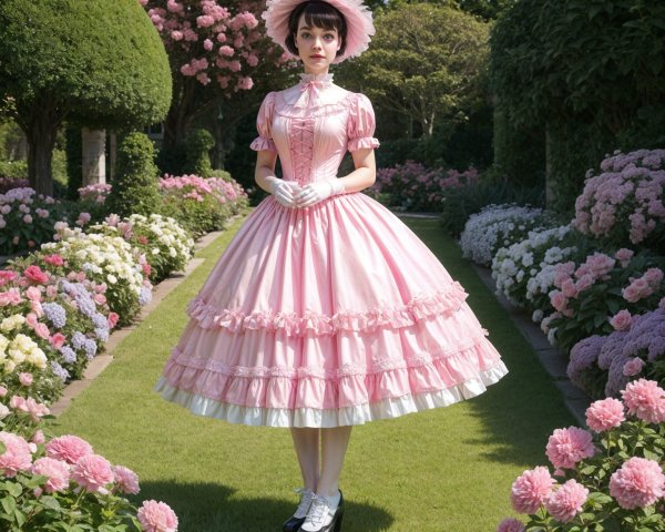 Young Woman in Vintage Dress in Lush Flower Garden