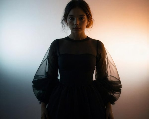 Full-body portrait of girl in black mesh dress