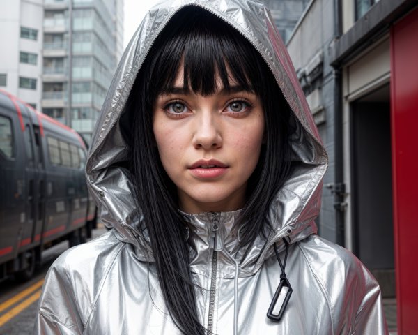 Young woman in silver jacket in futuristic urban scene