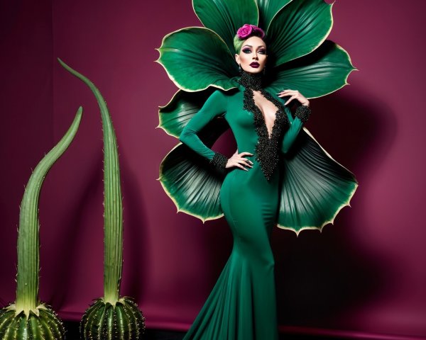 Model in Leaf-Inspired Gown Against Purple Background