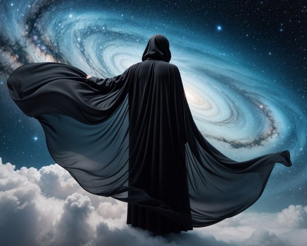 Mysterious Cloaked Figure in Cosmic Scene