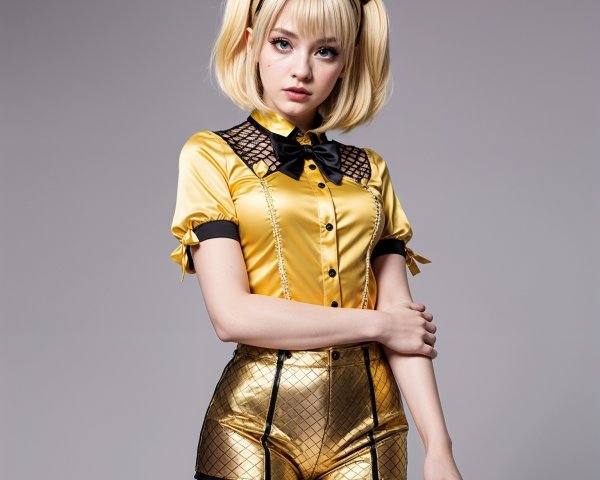 Confident Model in Yellow Blouse and Metallic Shorts