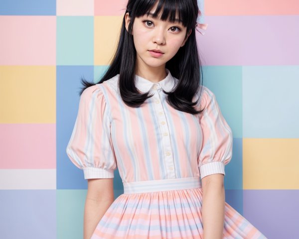 Young Woman in Vintage Dress Against Pastel Backdrop