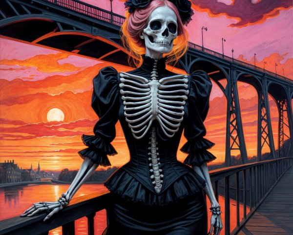 Skeleton Figure in Black Dress on Sunset Bridge