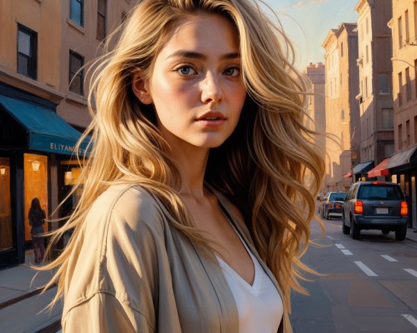 Young woman in sunlit urban street with stylish backdrop