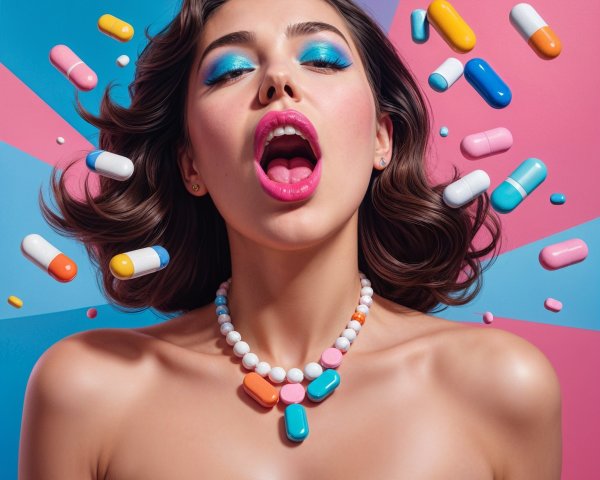 Portrait of a woman with vibrant makeup and colorful pills