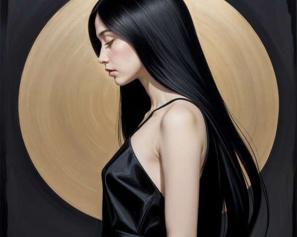 Young Woman in Black Dress with Golden Background