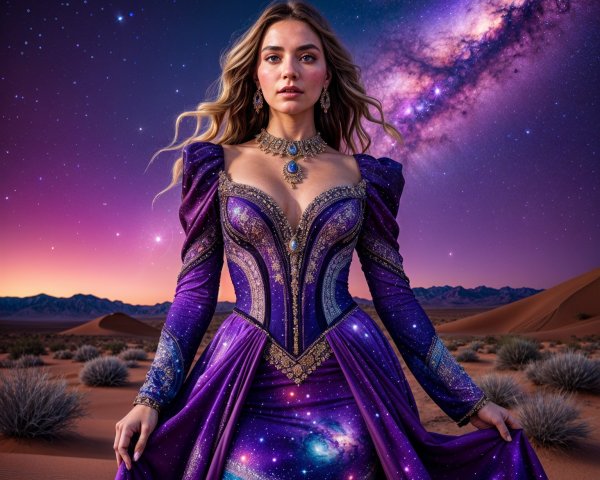 Celestial Figure in Purple Gown in Desert Twilight