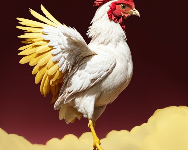 White Chicken with Yellow Feathers on Maroon Background