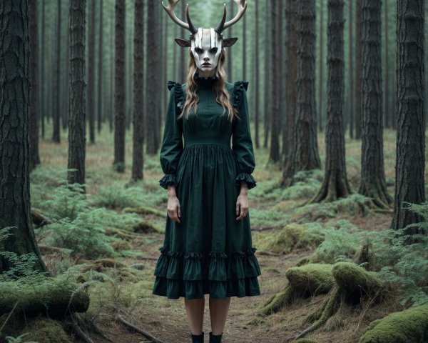 Misty Forest Scene with Figure in Deer Mask