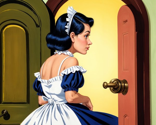 Young woman in vintage blue dress by open door