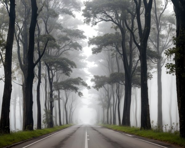 Mist-Covered Roadway Through a Dense Tree Grove