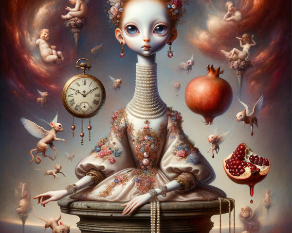 Surreal Scene with Elegant Figure and Whimsical Elements