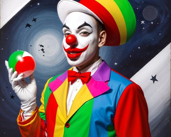 Vibrant Clown in Colorful Suit Against Cosmic Backdrop