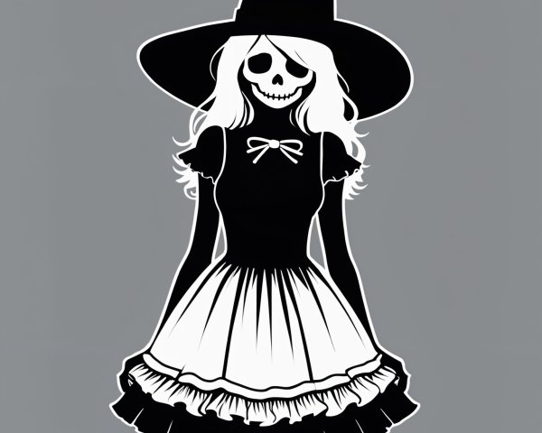 Skeleton in Gothic Dress with Playful Grin Illustration