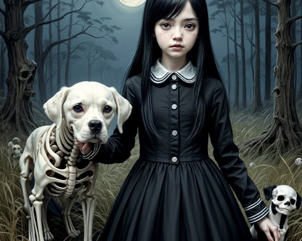 Eerie Forest Scene with Girl and Skeletal Dog