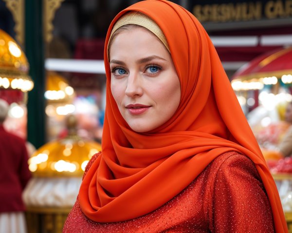 Elegant young woman in orange hijab and dress