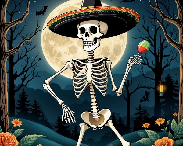Festive Skeleton with Sombrero in Moonlit Scene