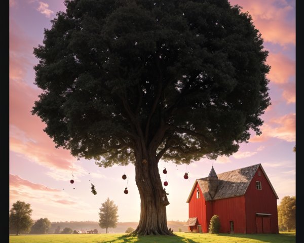 Majestic tree and red barn at sunset in a field