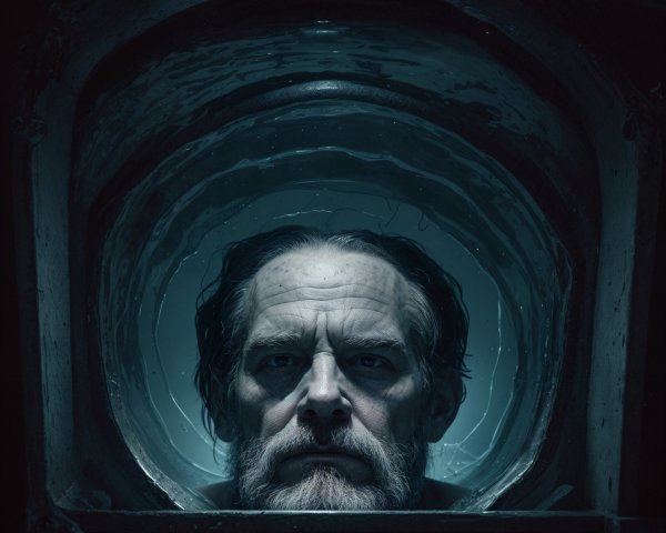 Somber Man Gazing Through Underwater Porthole